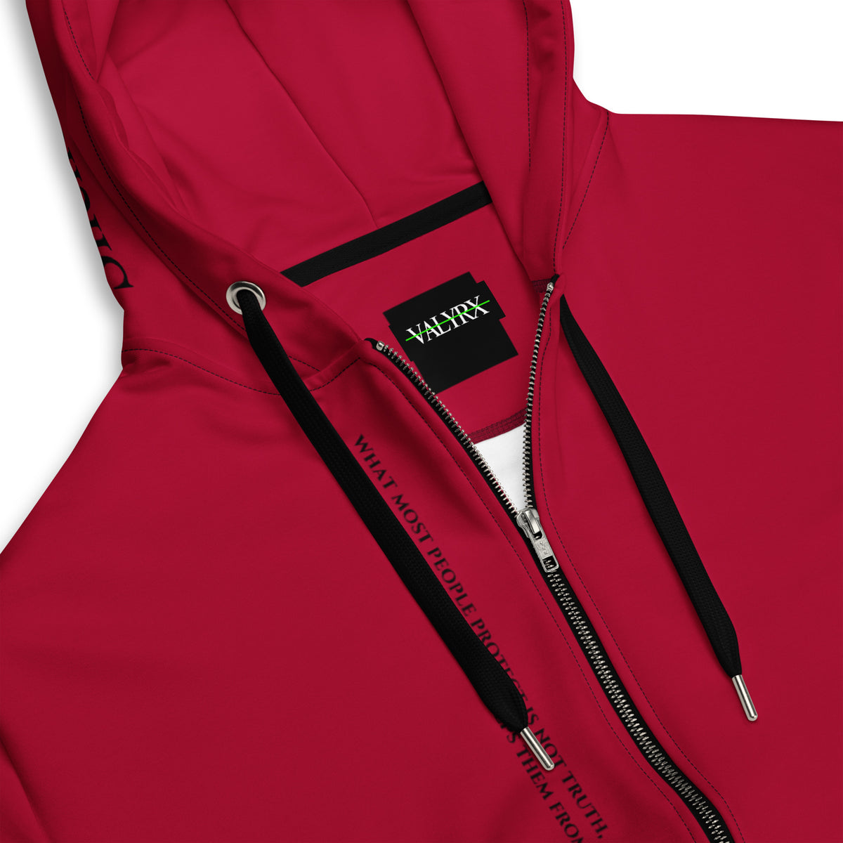 001-Valyrx-Classic-Red zip hoodie, additional PRJ-001 product view 13 | VALYRX | card-front-designed