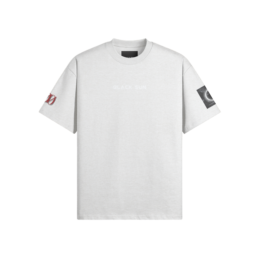 Black Sun heavyweight T-shirt in Heather Gray, front view | VALYRX | card-front-designed