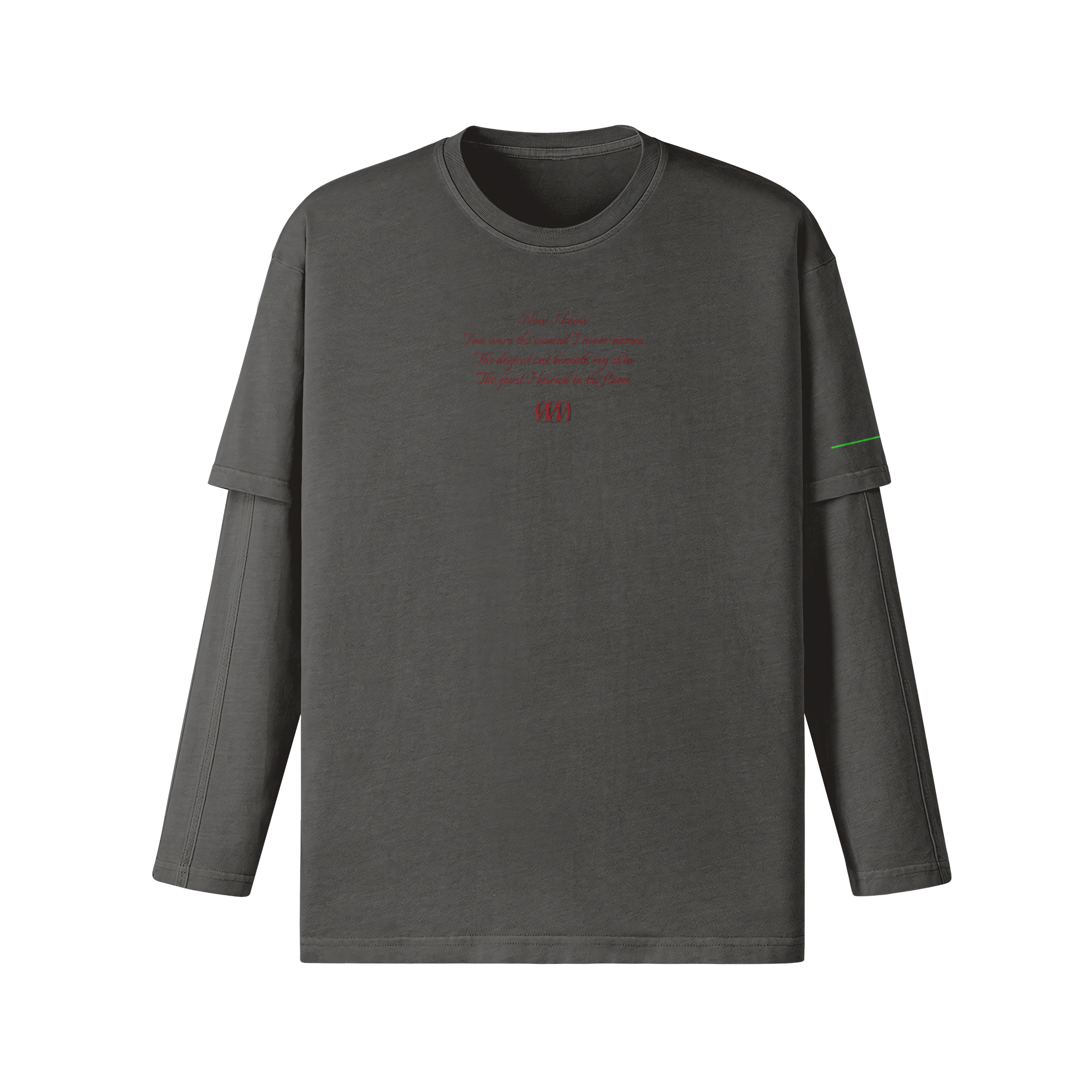 Deepest Wound faux-layered T-shirt in dark gray, front view | VALYRX | card-front-designed