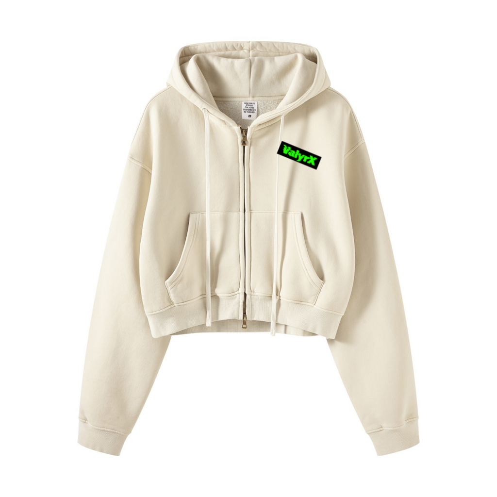 400GSM Women’s Vintage-Wash Cropped Zip-Up Hoodie Gray Apricot