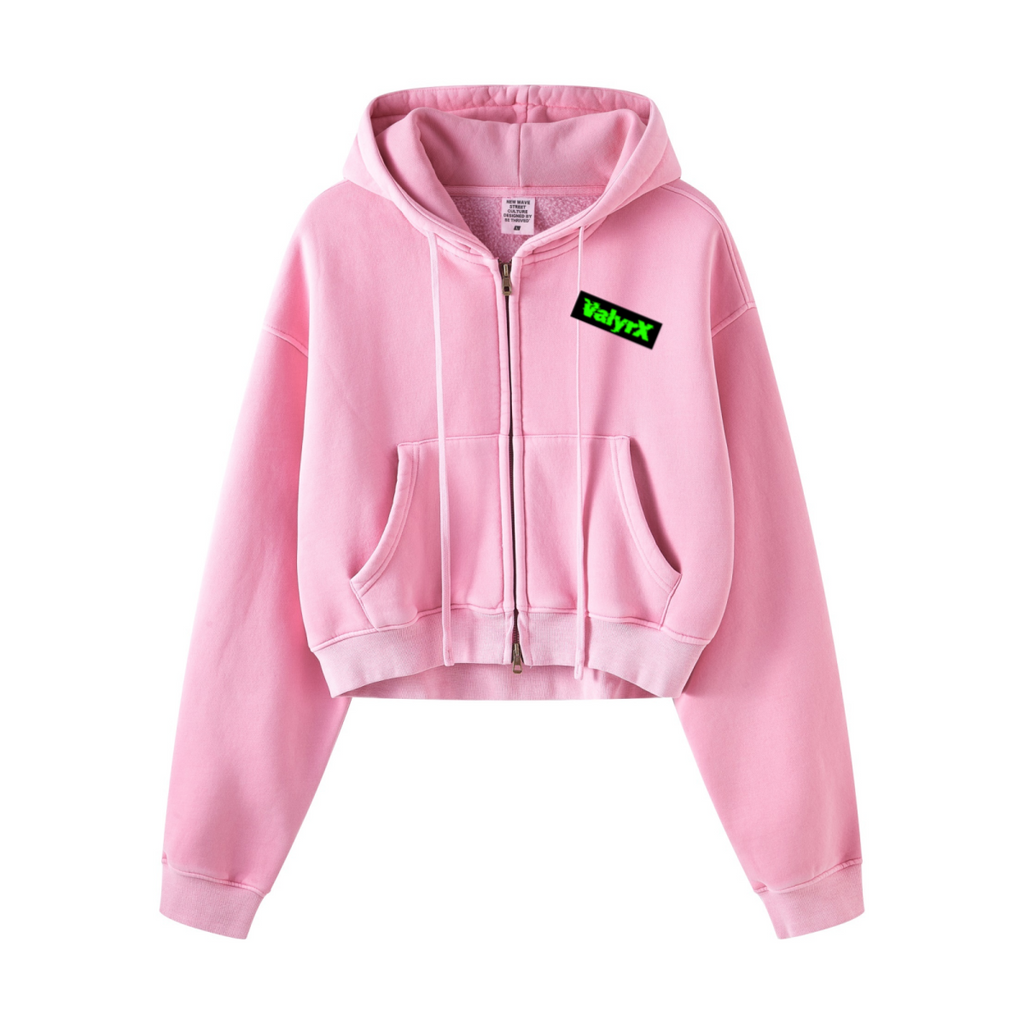 400GSM Women’s Vintage-Wash Cropped Zip-Up Hoodie Rose Pink