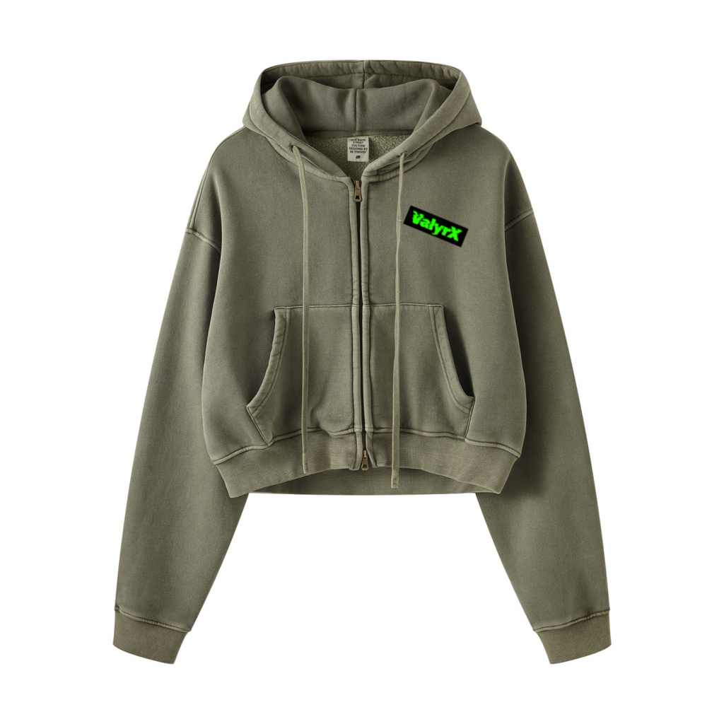 400GSM Women’s Vintage-Wash Cropped Zip-Up Hoodie Coffee Color