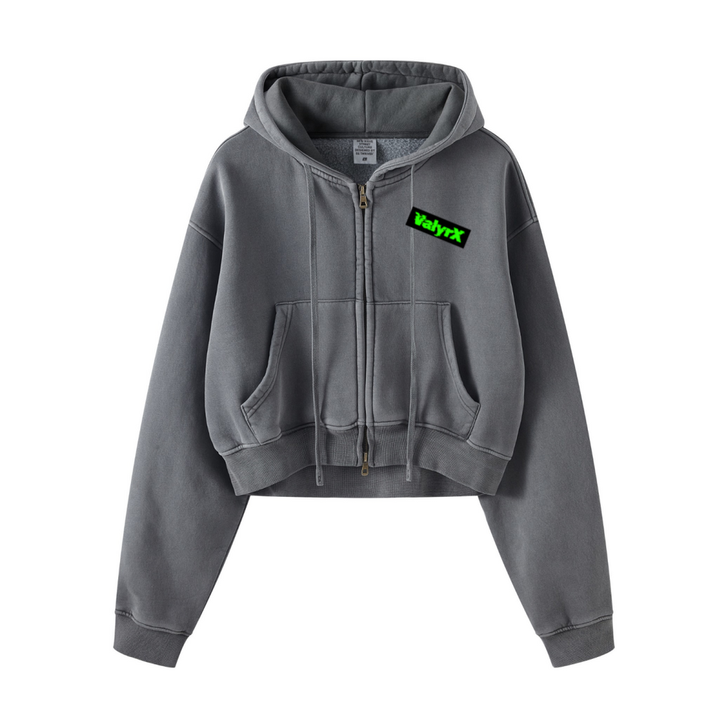 400GSM Women’s Vintage-Wash Cropped Zip-Up Hoodie Dark Gray