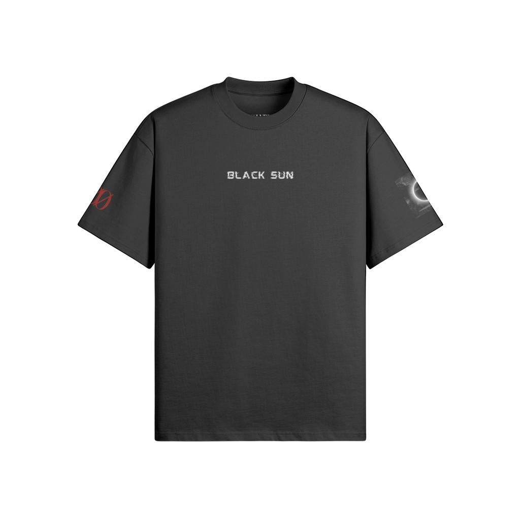 Black Sun heavyweight T-shirt in Black, product view | VALYRX | card-front-designed