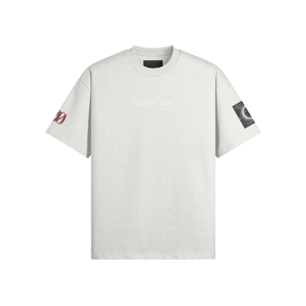 Black Sun heavyweight T-shirt in Heather Gray, product view | VALYRX | card-front-designed