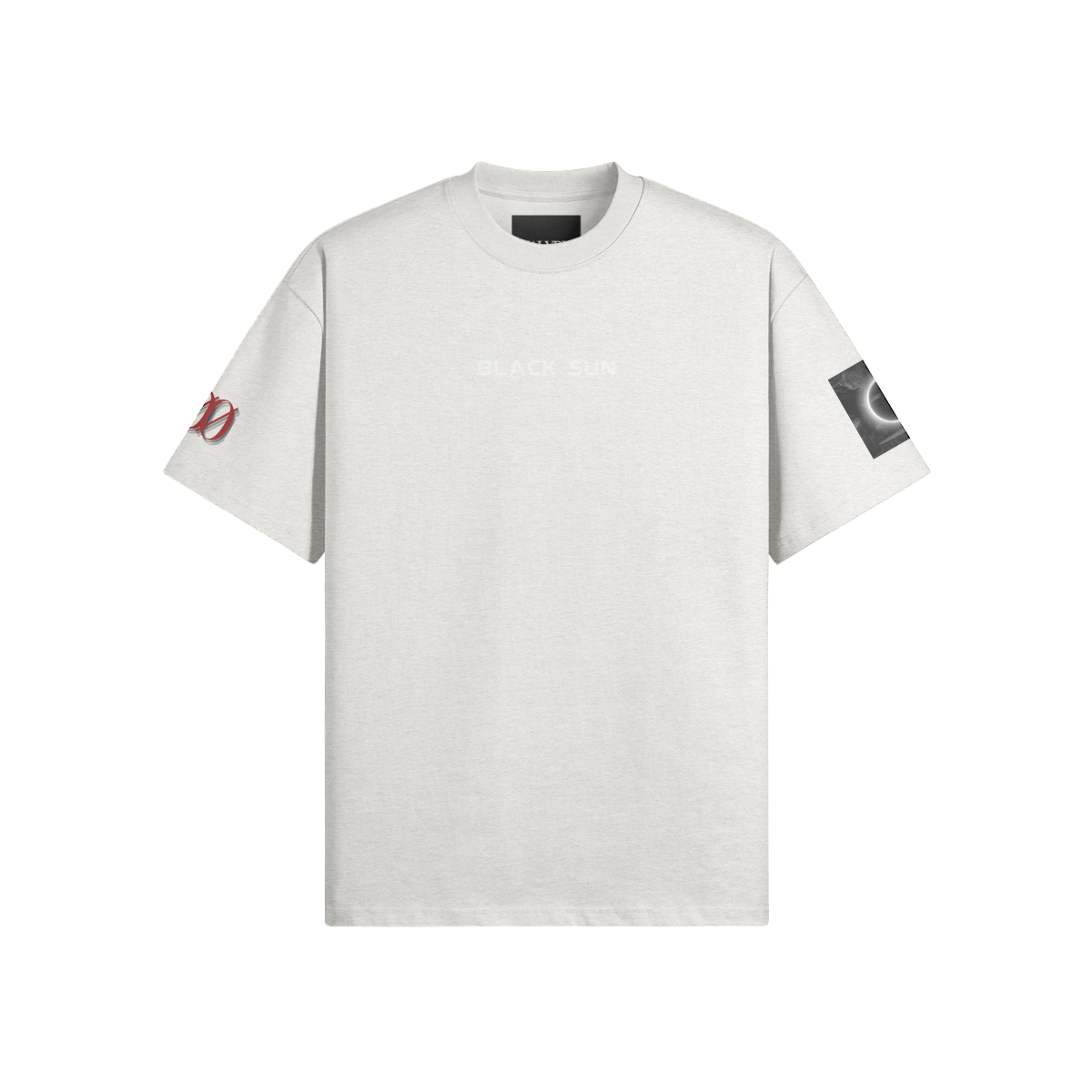 Black Sun heavyweight T-shirt in Heather Gray, product view | VALYRX | card-front-designed