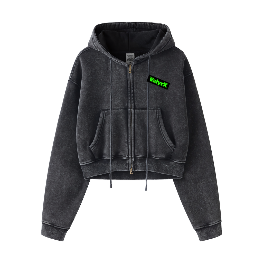 400GSM Women’s Vintage-Wash Cropped Zip-Up Hoodie Snow wash