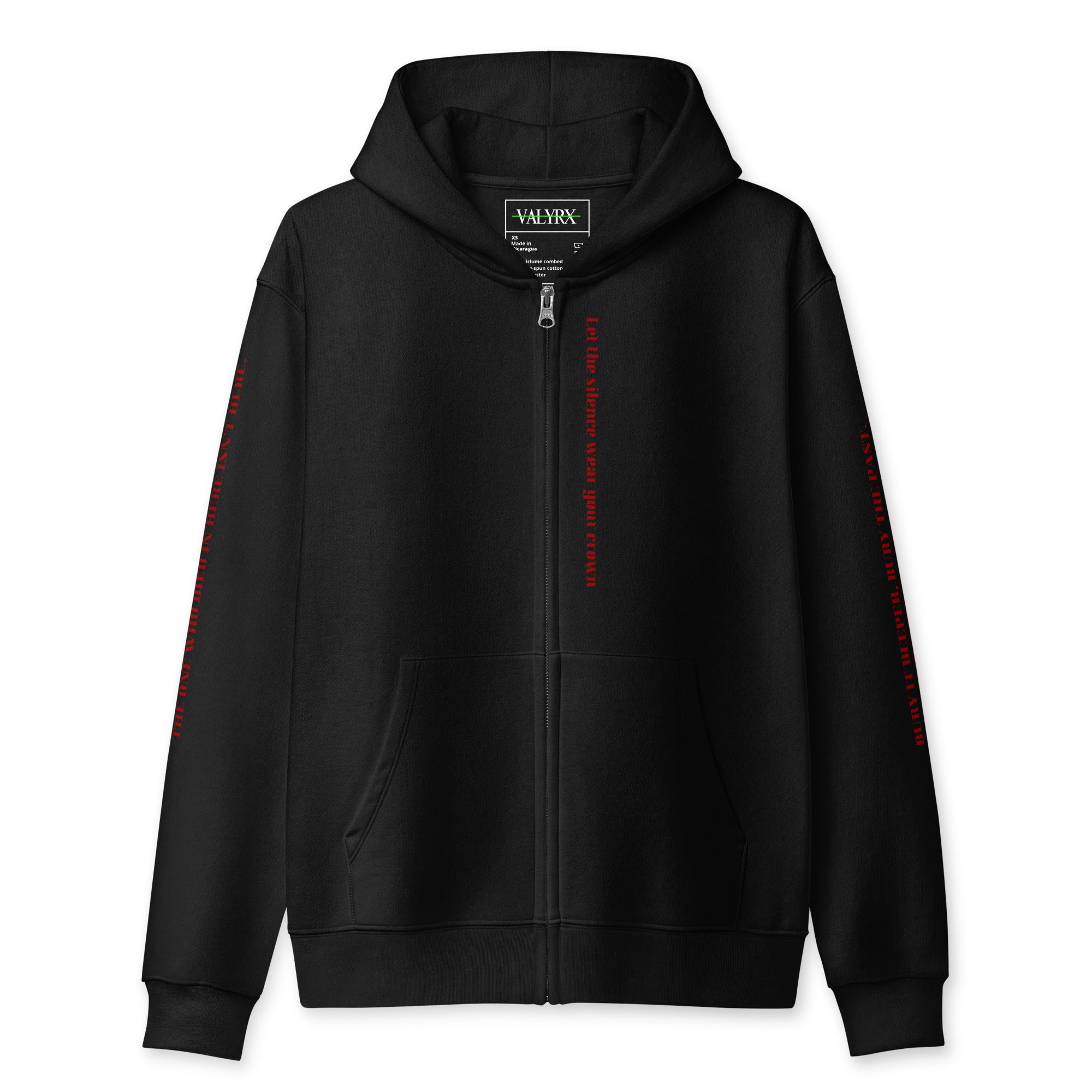 The ØØØ 001 core black zip hoodie, front view | VALYRX | card-front-designed